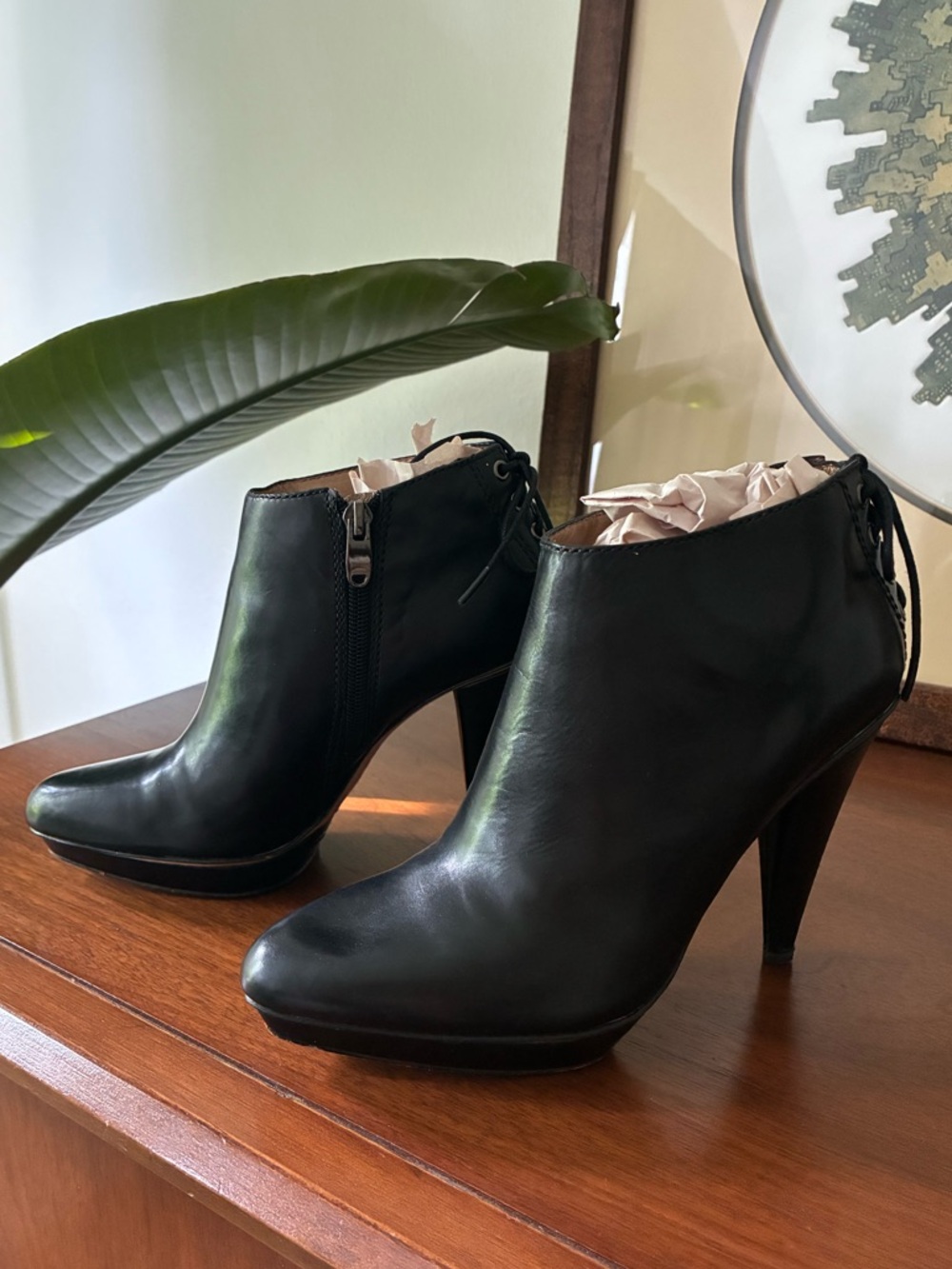 Joan & David Black Leather Ankle High Heels Boots - Lace Up Detail, Size 6M